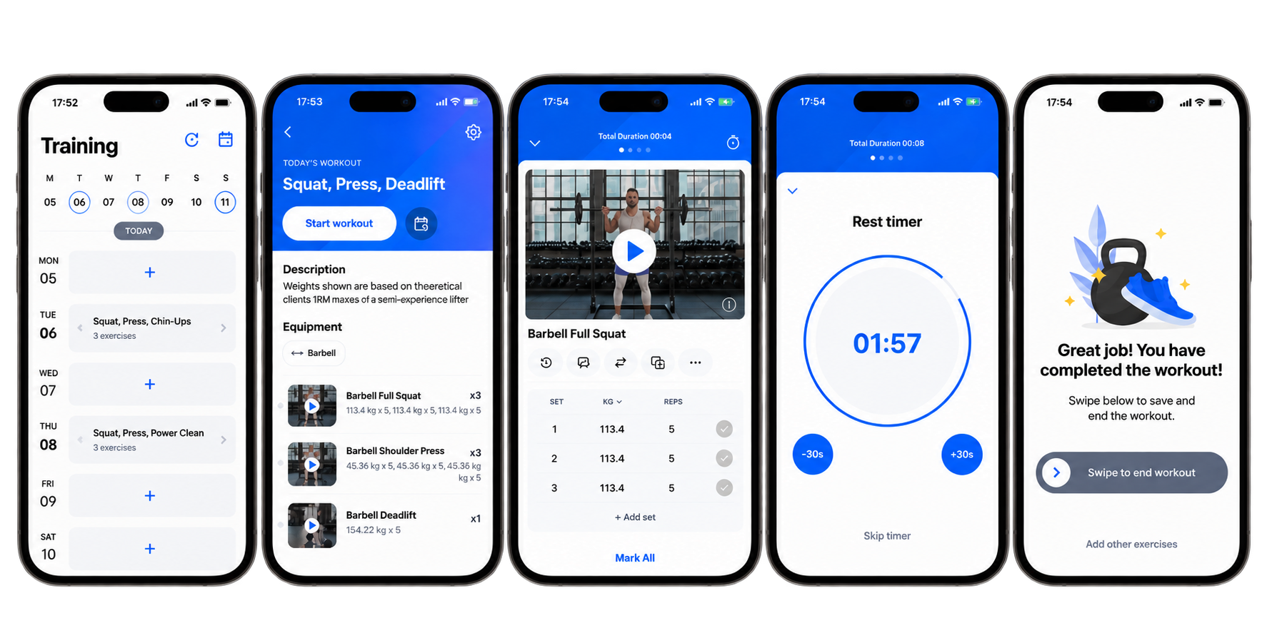 SVP Method training app showing a weekly schedule, exercises, demonstrations and rest timer